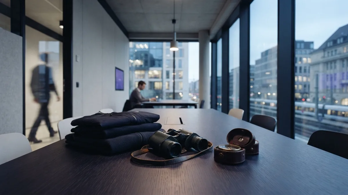 Modern meeting room with restrained outdoor gear for hunting business planning