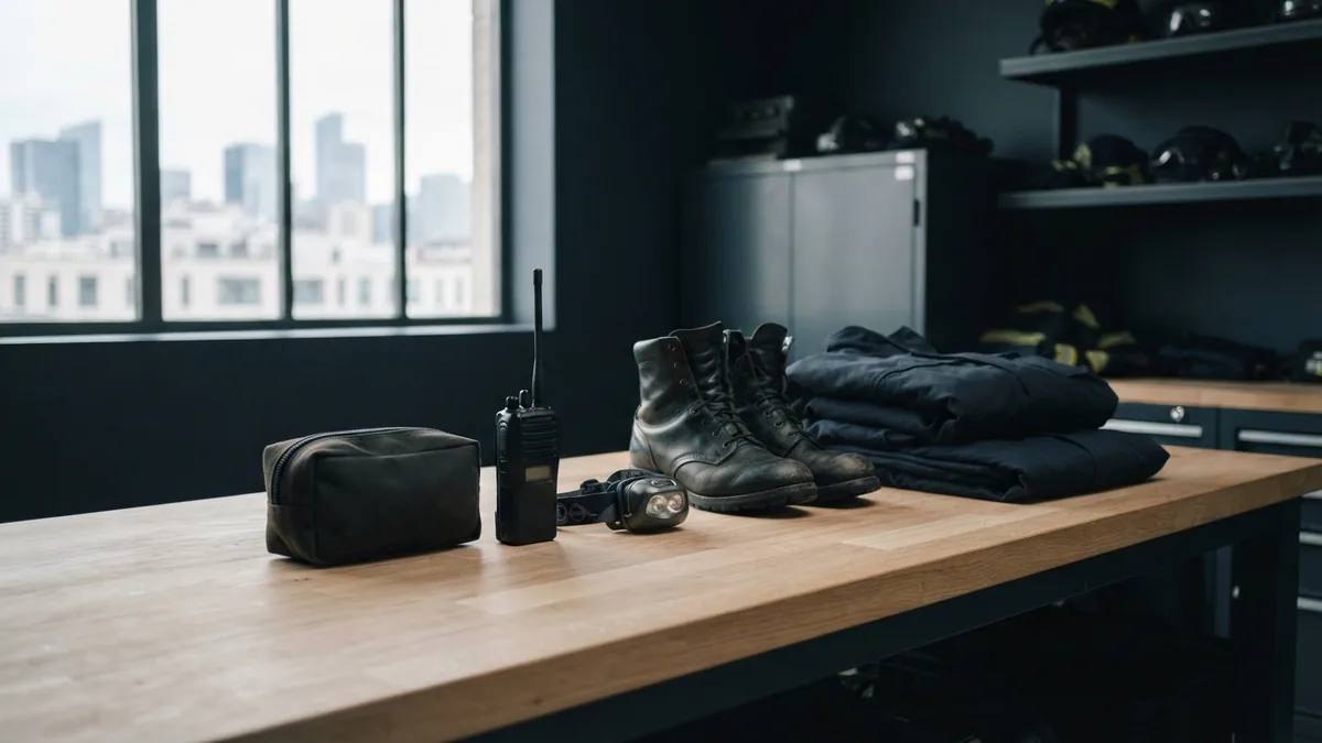 Preparing safe hunting operations Organized safety gear and field supplies prepared for a guided hunting trip