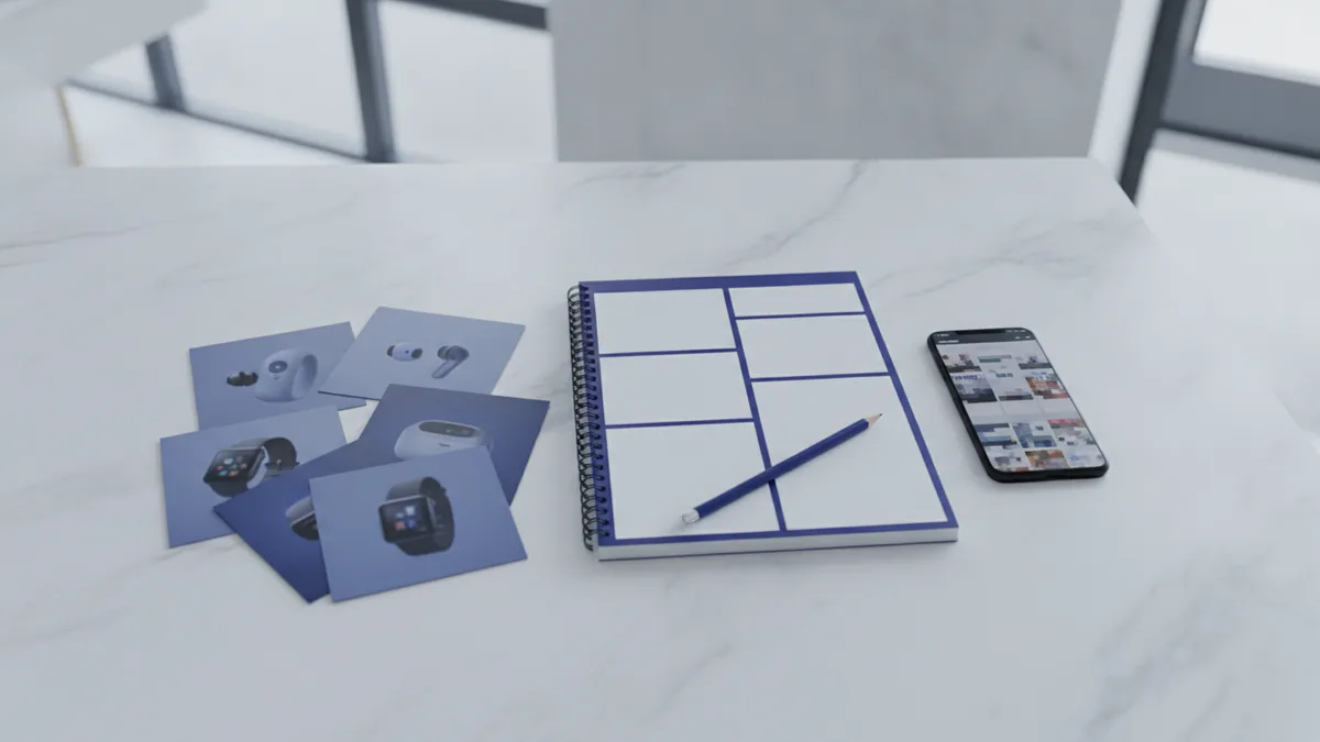 Organized workspace for jewelry market research and idea notes