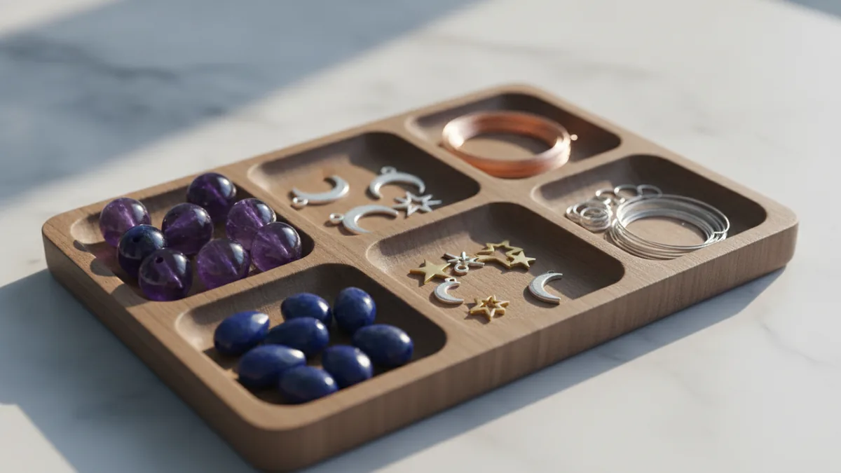 Jewelry-making materials arranged by style to help pick a niche