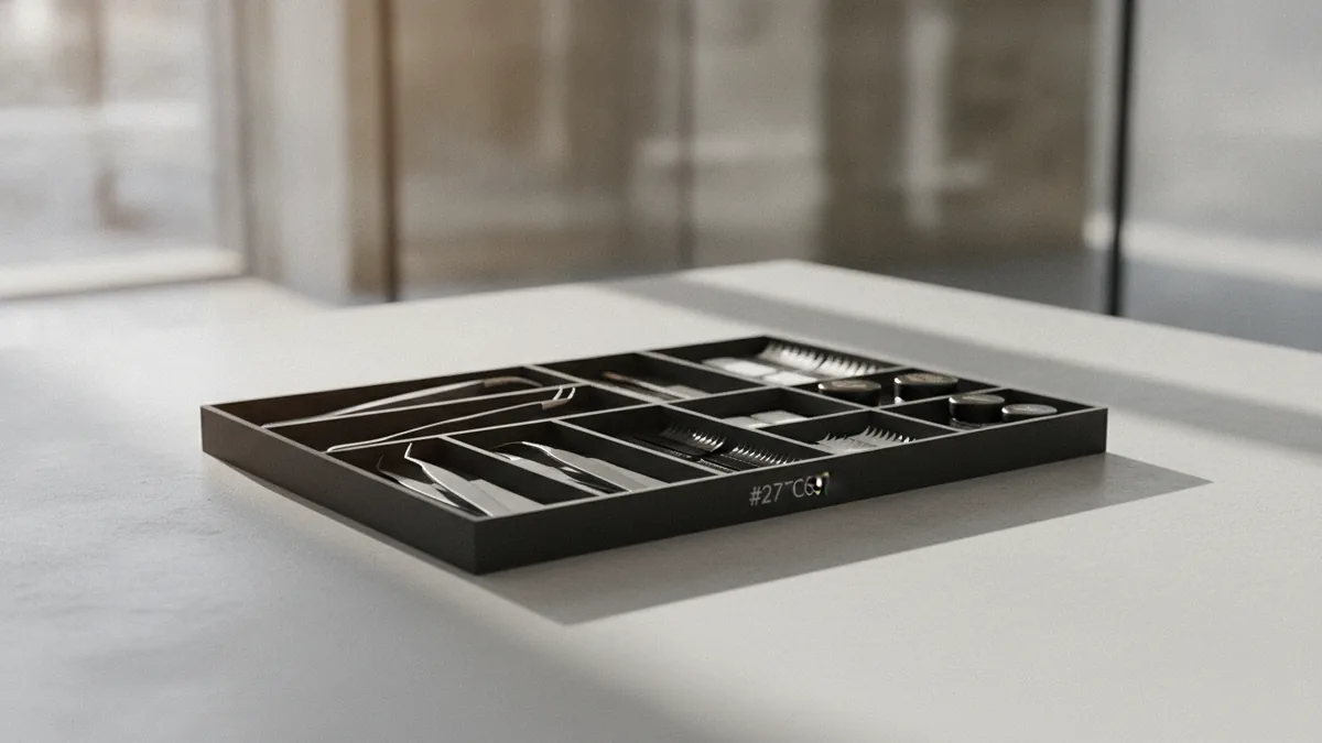 Organize your lash starter kit Starter lash supplies organized neatly on a worktable for launching a business.