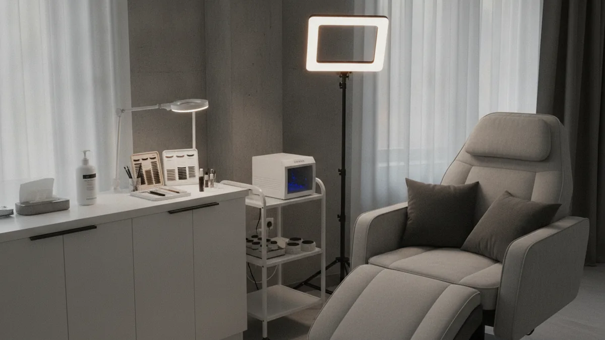 Lash studio station showing comfort-focused seating and accessible hygiene supplies.