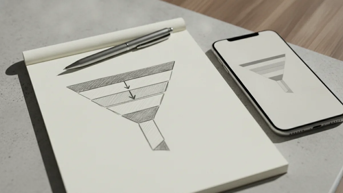 Hand-drawn funnel workflow notes for turning interest into leads