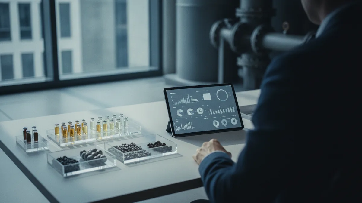 Planning desk with samples and market analysis tools for lithium refining