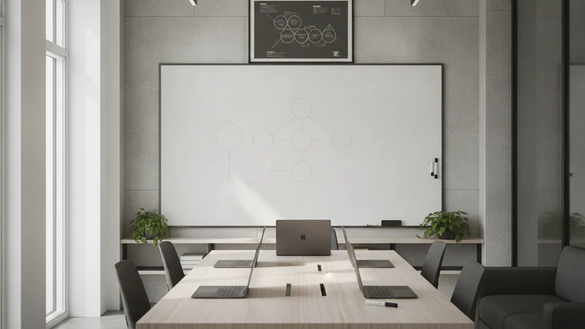 Workspace with laptops and planning board for choosing marketing business type