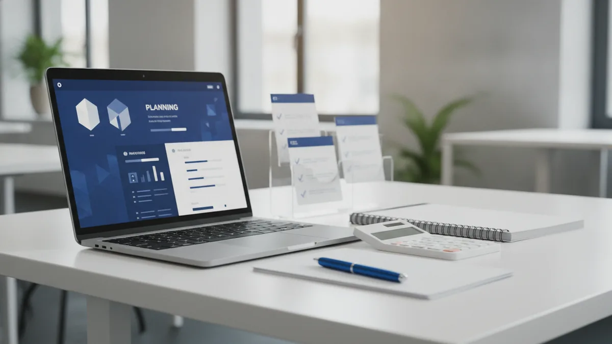 Laptop and planning tools used to build a marketing business plan