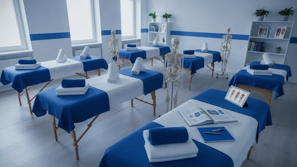 Massage training and study space Massage therapist training room with anatomy charts, treatment tables, and study materials
