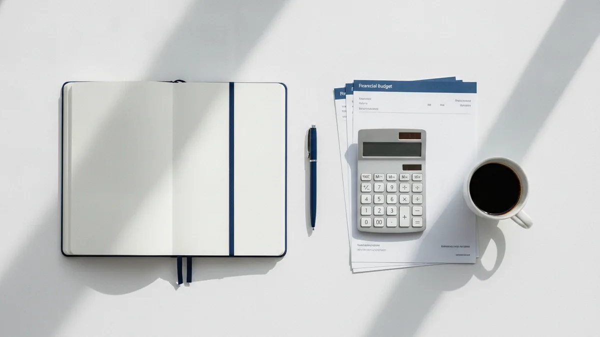 Business planning desk with budget papers, calculator, notebook, and coffee