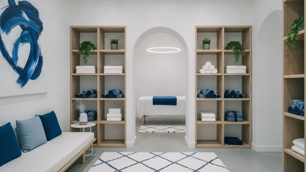 Small massage studio layout Clean massage studio entrance with treatment room, storage shelves, and fresh linens