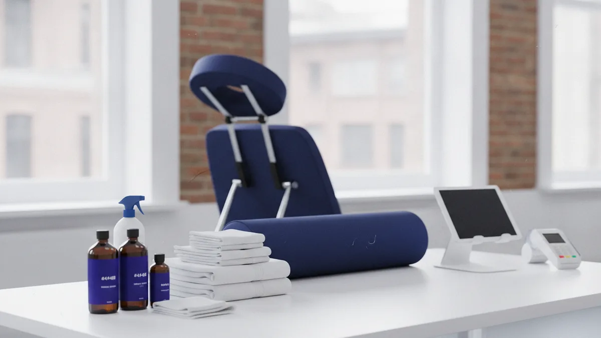 Massage equipment and supply setup Massage business equipment arranged on a clean table with oils, towels, and payment tools