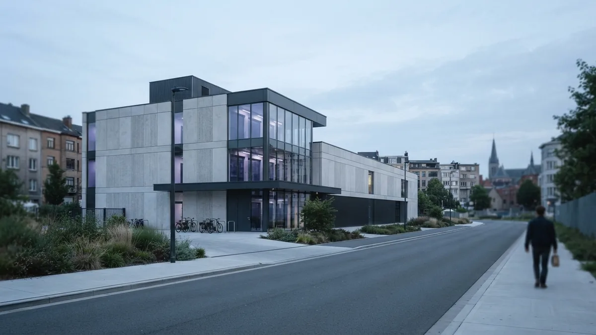Modern storage facility beside access roads and pale city architecture