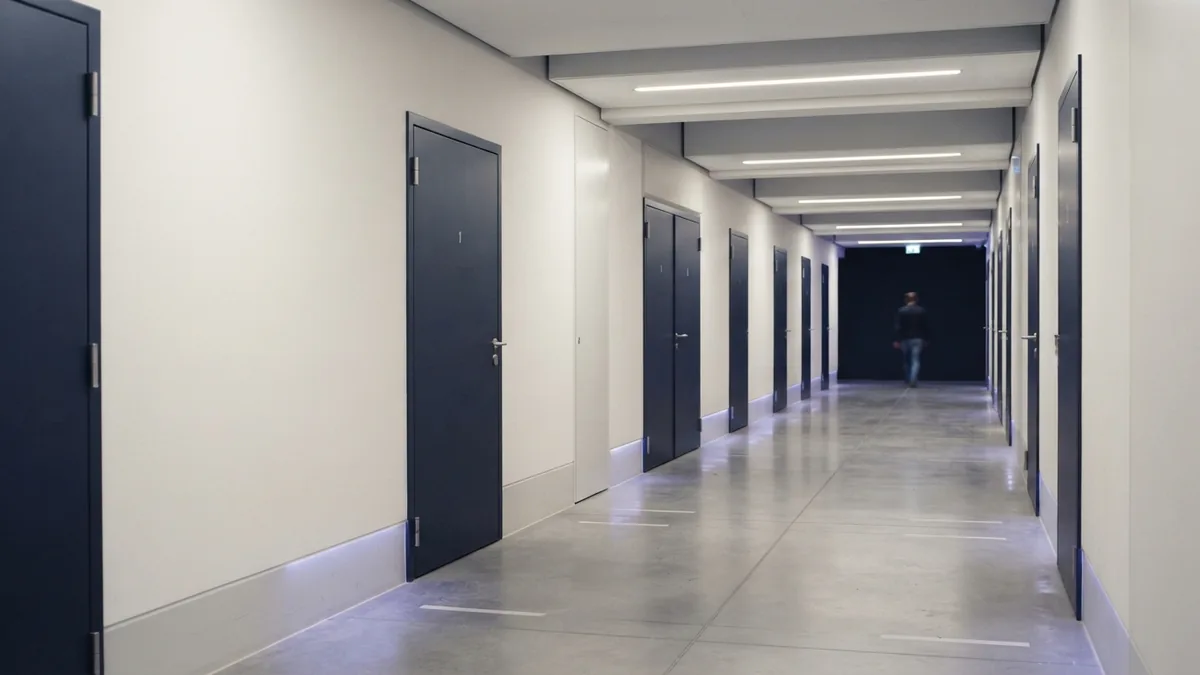 Designing a secure storage facility Clean storage corridor with secure doors, soft light, and orderly design
