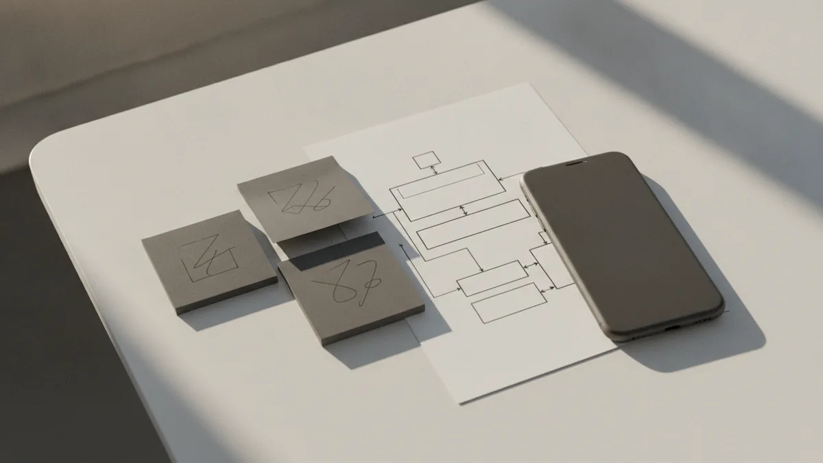 Desk with sketches and notes for defining an app concept
