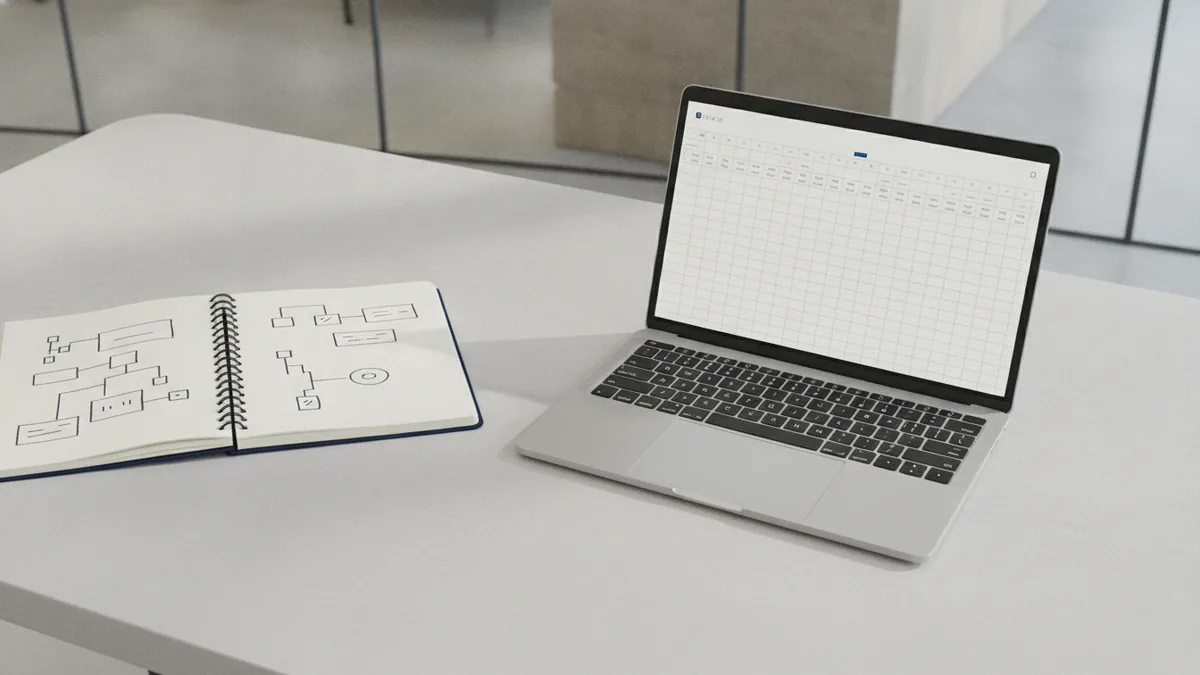Researching competitors and users Laptop and notes used to compare competitors and find market gaps