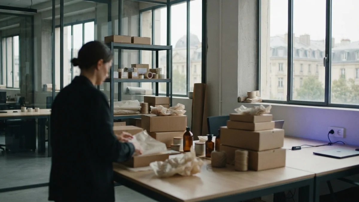 Uncluttered European workspace for preparing subscription boxes for delivery