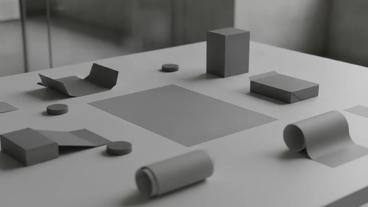 Packaging materials and bottle caps laid out for building a nail polish brand identity.