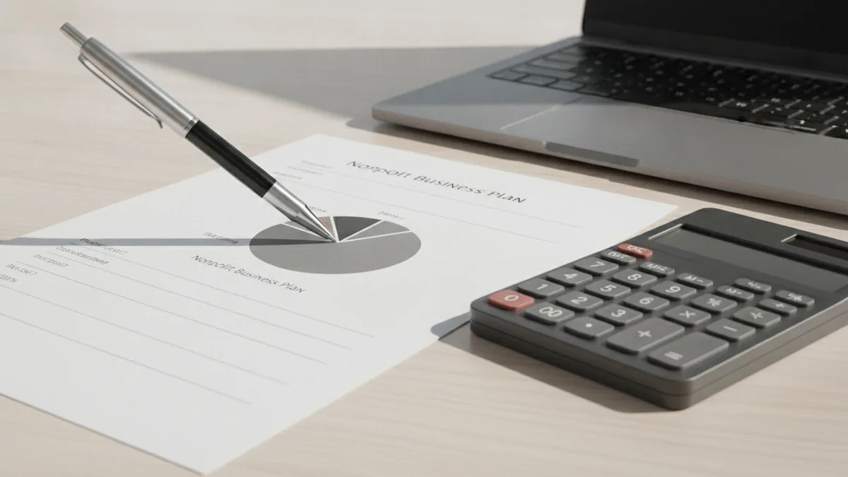 Close-up of nonprofit business plan notes with budgeting tools