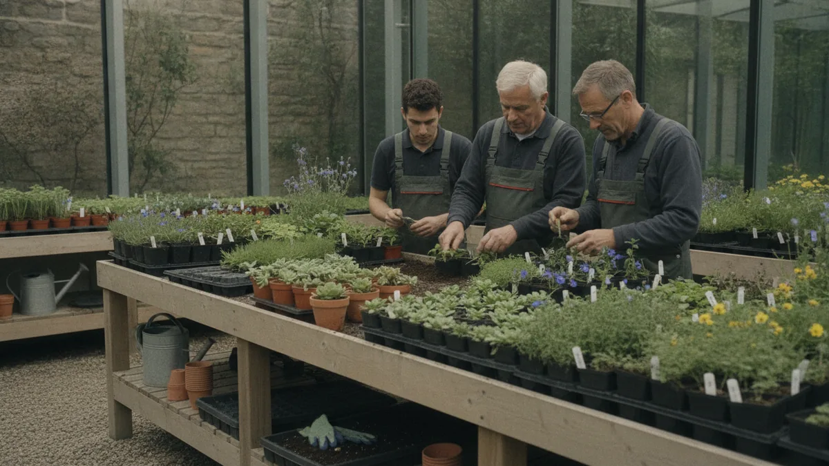 Plant varieties laid out on benches for hands-on nursery learning