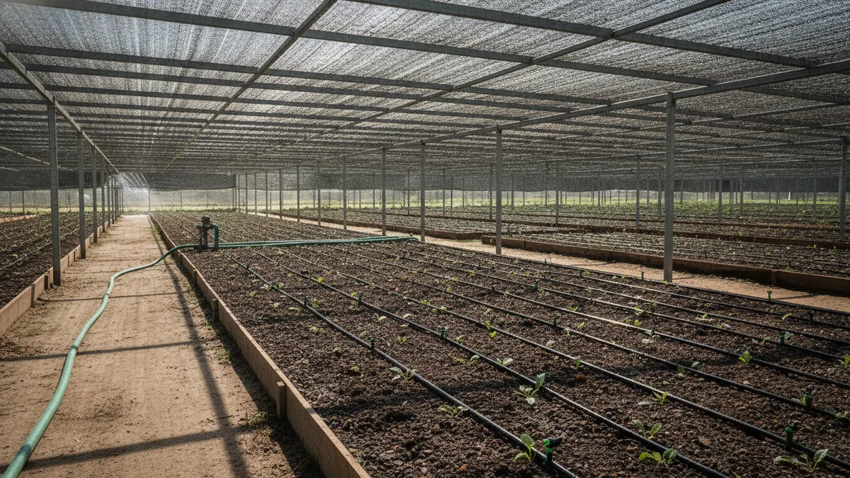 Set up irrigation and shade Irrigation lines and shade house setup for consistent plant watering