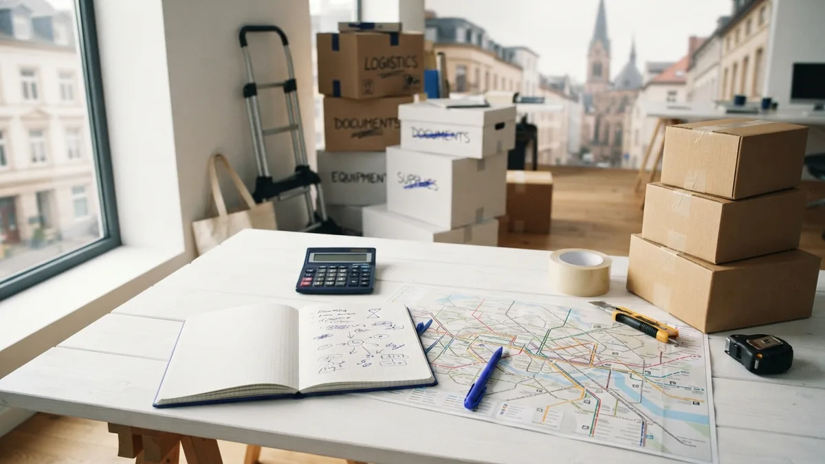 Planning a moving service launch Business owner reviewing moving company plans beside boxes and transport gear
