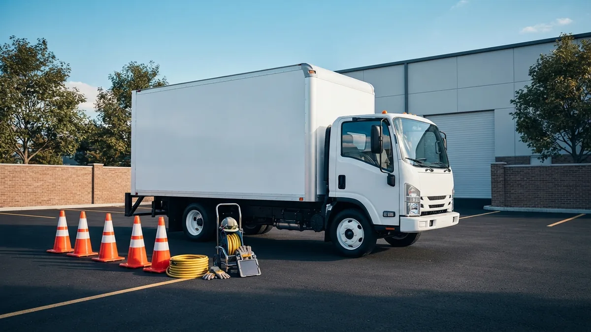 Commercial moving truck and safety equipment parked at a service yard