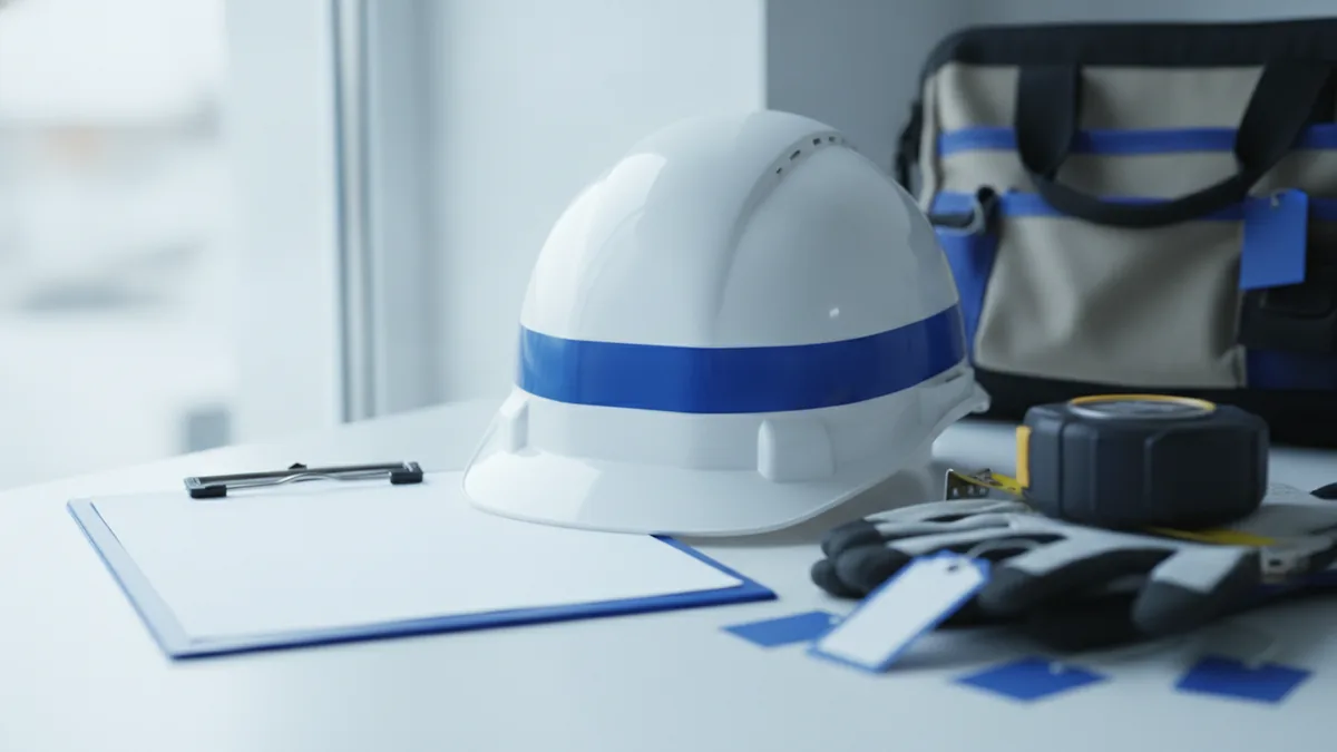Safety gear and job documentation representing insurance and risk protection for painters