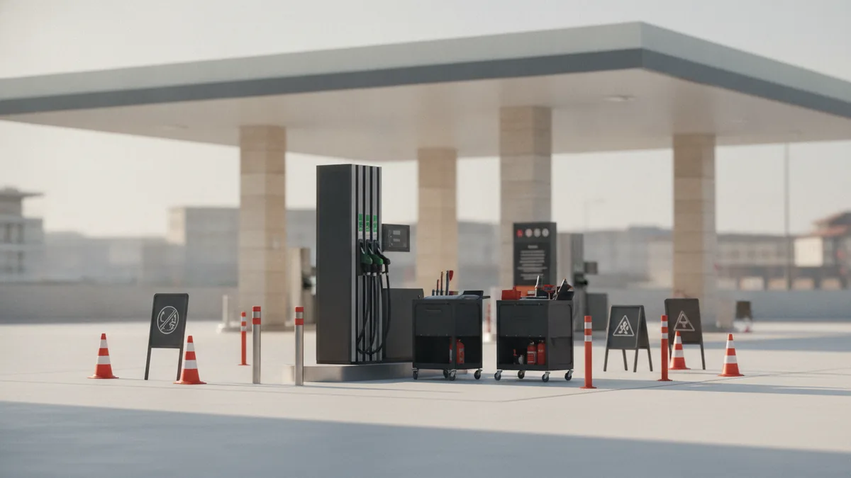 Operator inspecting layout and readiness around a petrol pump forecourt