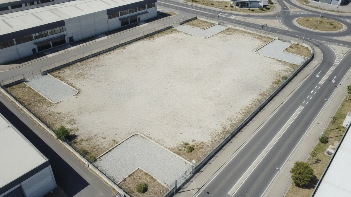 High-angle view of a land plot suitable for a petrol pump