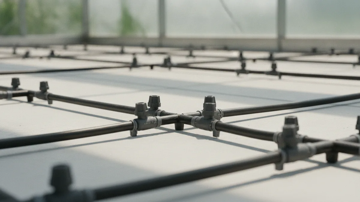 Irrigation setup with hoses and lines in a greenhouse nursery