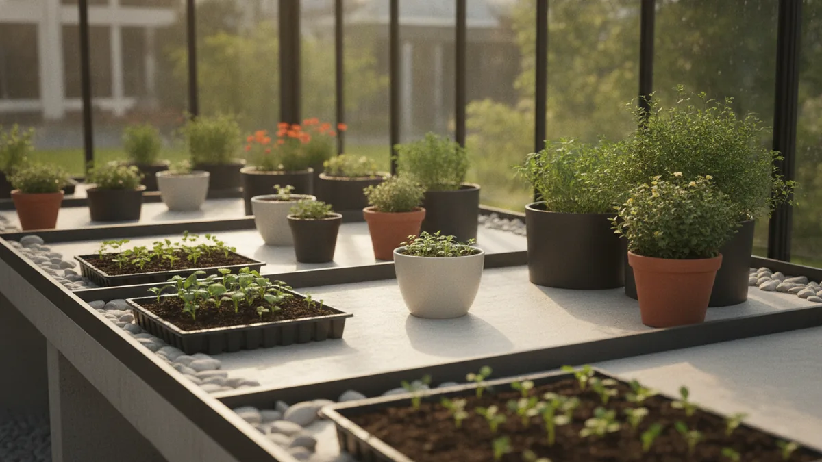 Organized nursery bench showing multiple plant varieties in pots