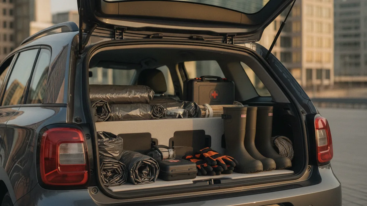 Route-ready supplies Organized waste bags and protective gear in a vehicle trunk for pet waste removal work.