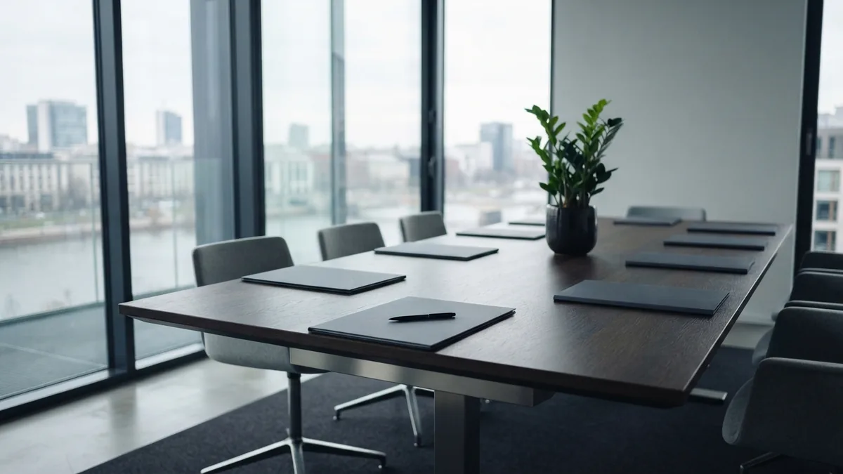 A precise setting for business setup Quiet glass meeting room prepared for formal business setup work