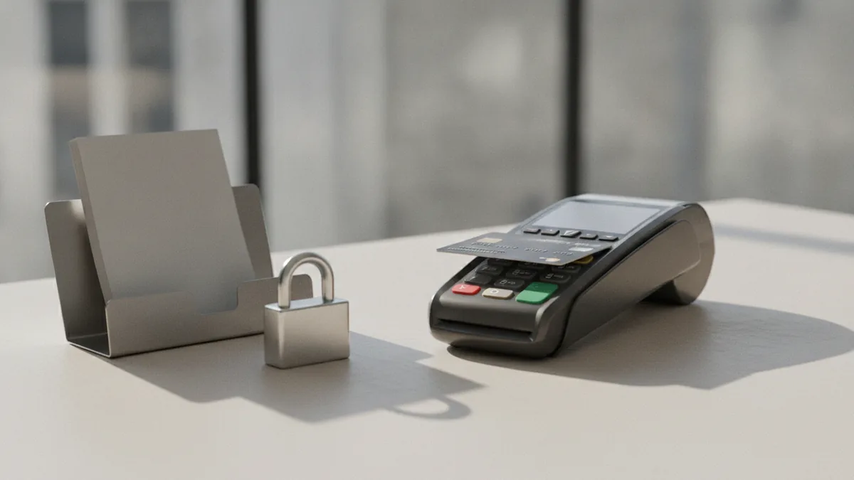 Set up secure payments and operations Secure payment setup concept using card and lock-like object on a desk