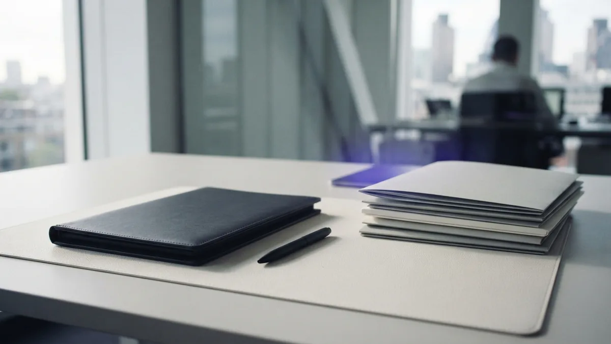Organized tools for planning PR work Minimal office table with portfolio and folders for PR planning