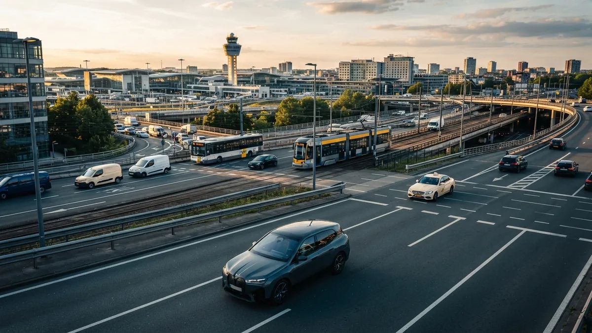 Rideshare car moving through a busy airport district with urban traffic