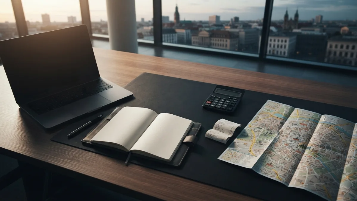 Desk with calculator, city map, and planning tools for a rideshare business