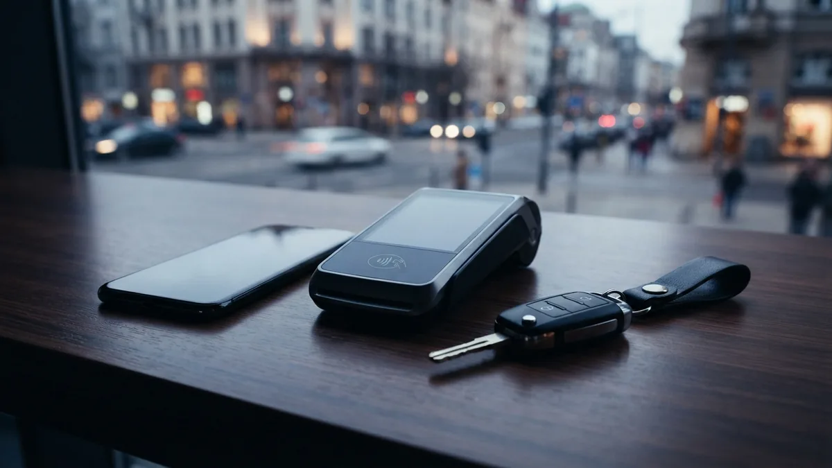 Rideshare app and payment tools Smartphone and payment terminal beside car keys for transport service tools