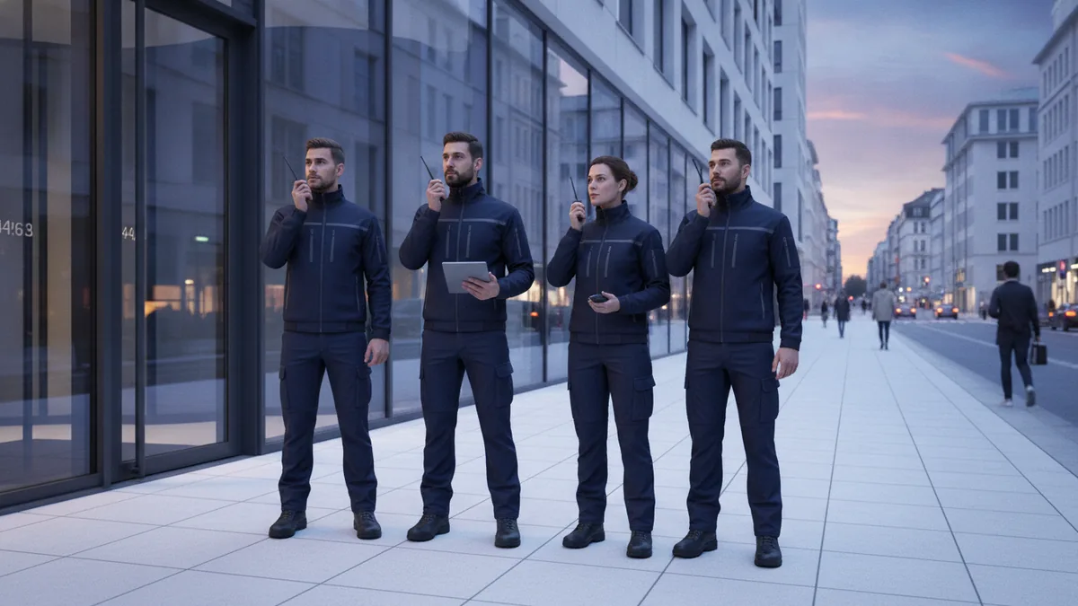 Security guards preparing for a shift at a building entrance