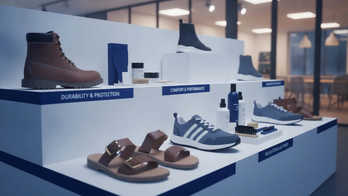 Focused shoe niche display with work shoes, trainers, sandals, and care tools