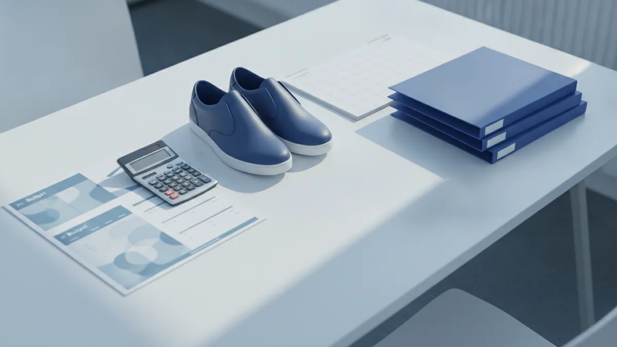 Shoe business planning desk with budget sheets, samples, calculator, and calendar