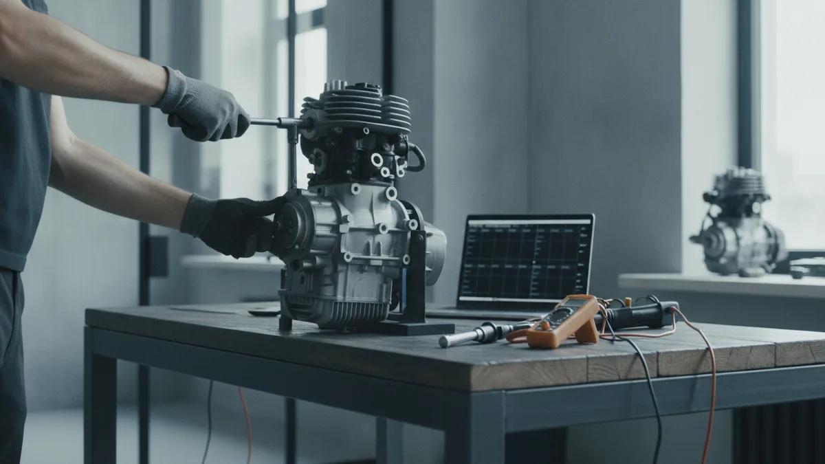 Mechanic inspecting a small engine with diagnostic and torque tools