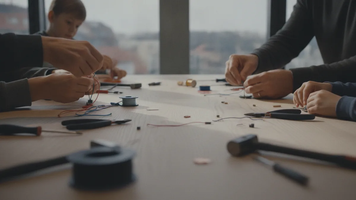 Family members collaborating at a workbench in a small business