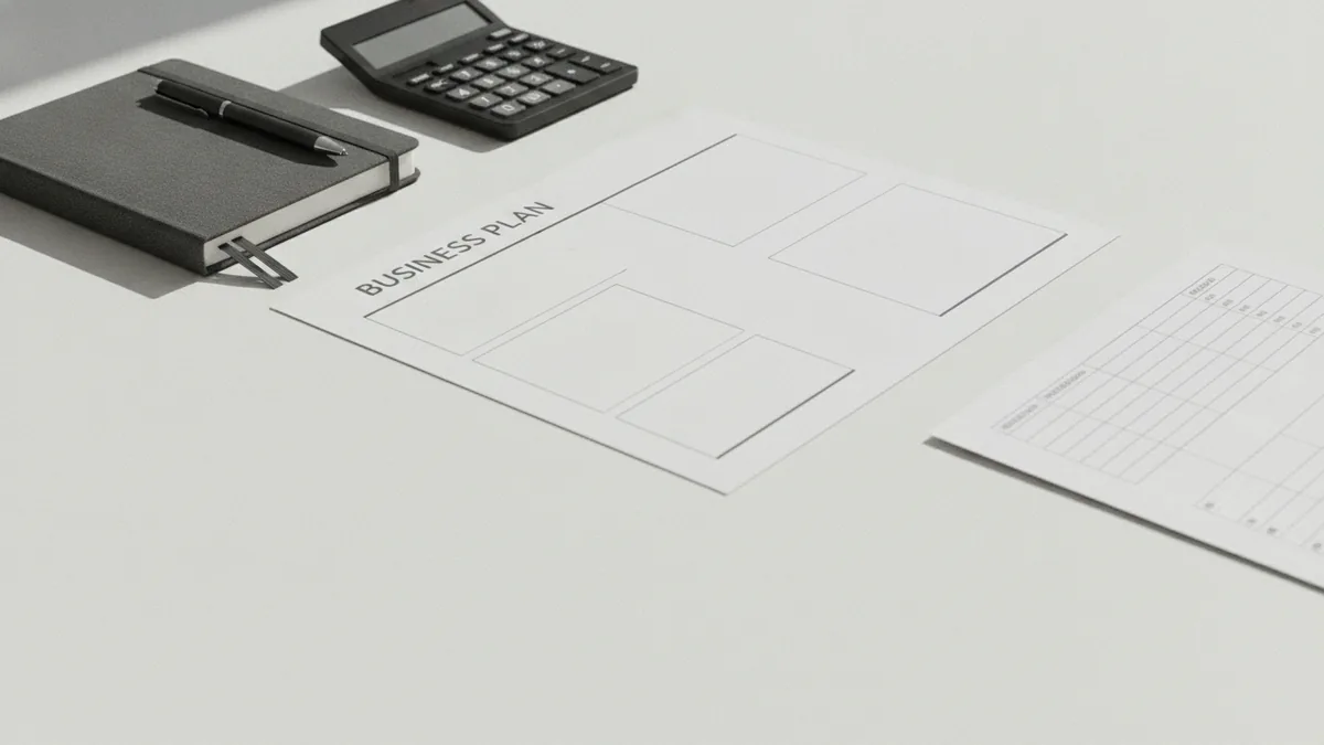 Turn goals into a runnable plan Business plan planning table with notes, calculator, and budgeting materials