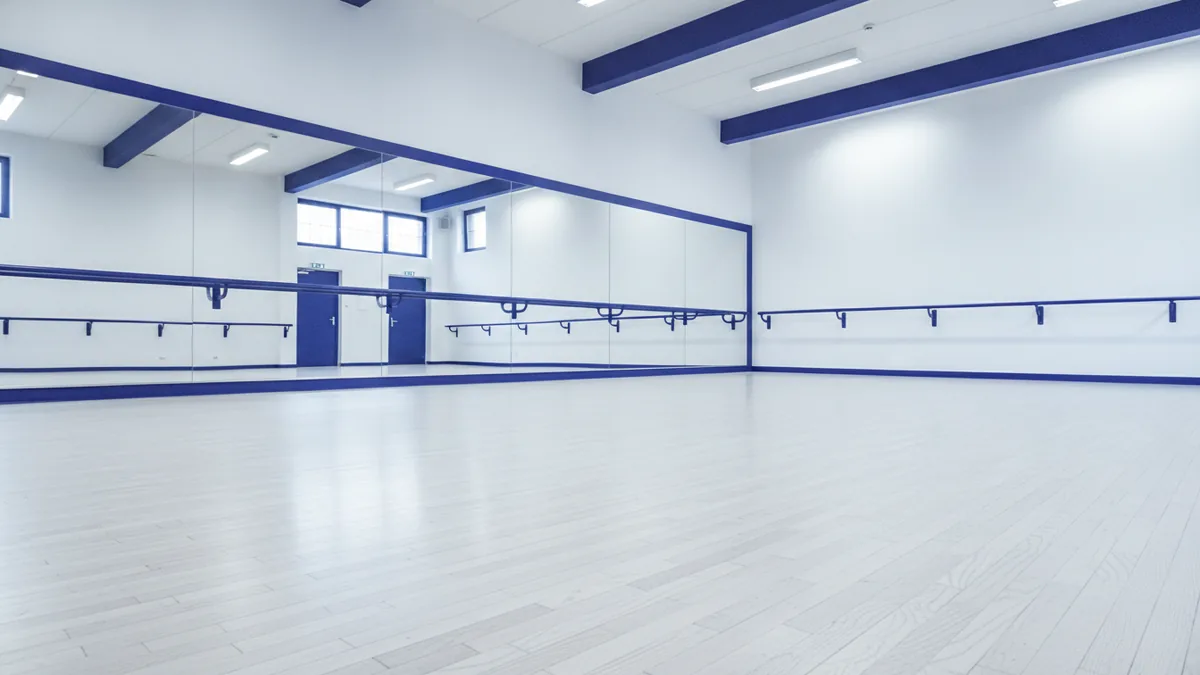 Dance studio space planning A bright dance studio practice space with mirrors and open floor area.