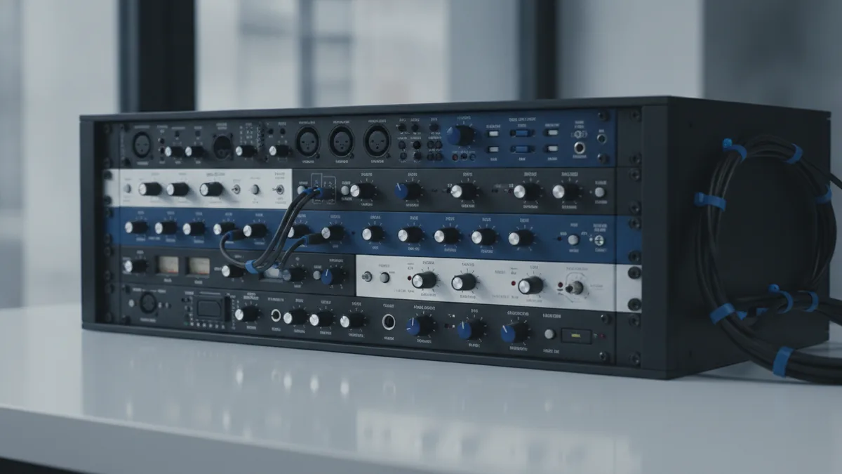 Organized audio gear rack showing essential recording studio setup.