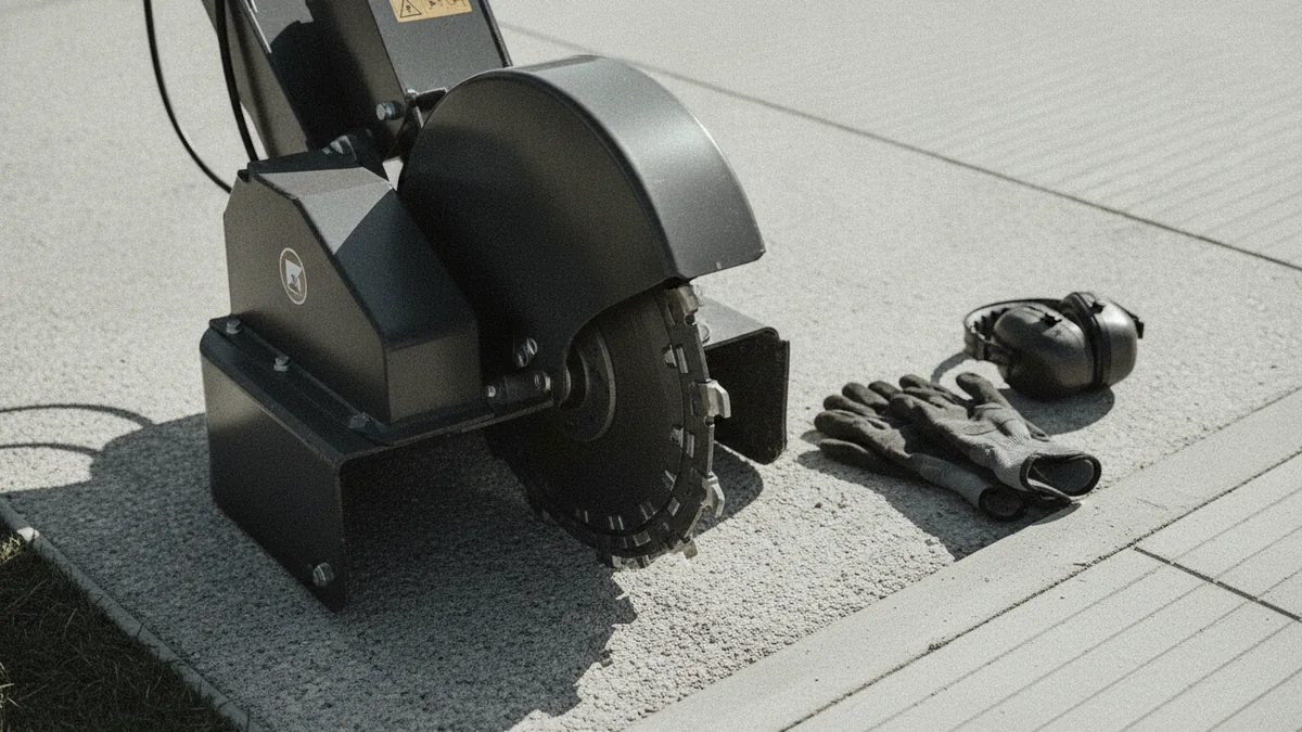 Equipment and safety checklist Stump grinder equipment and safety gear arranged for a job