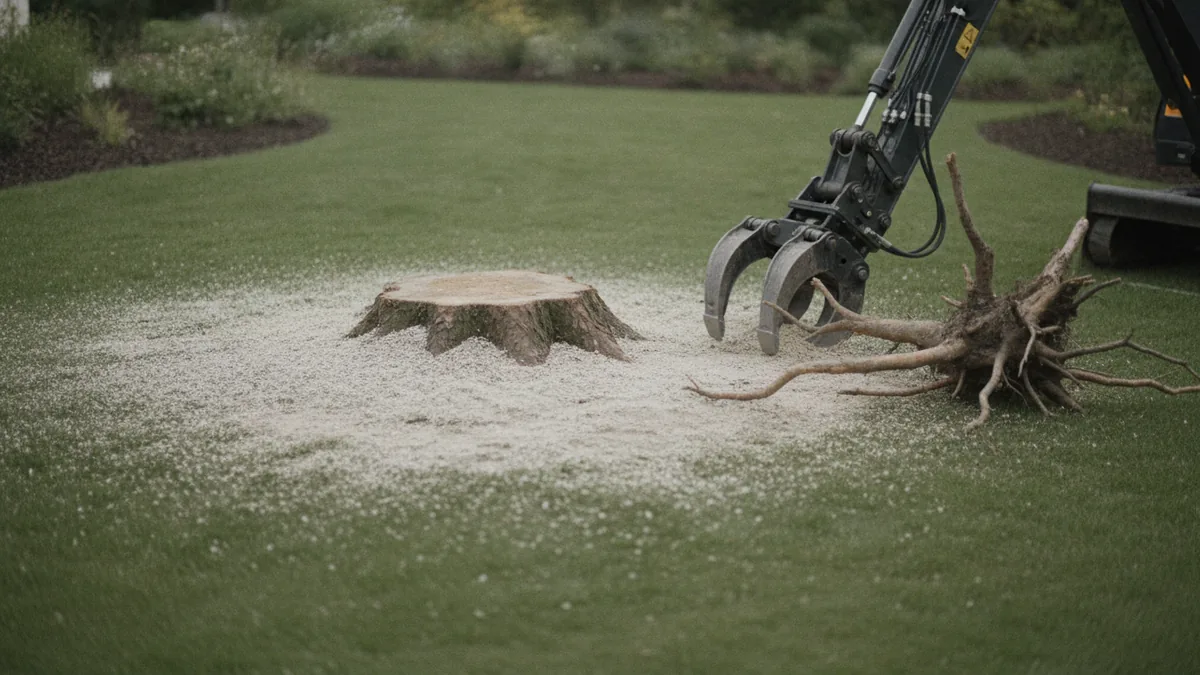 After-grind stump area with roots and tools illustrating removal choices