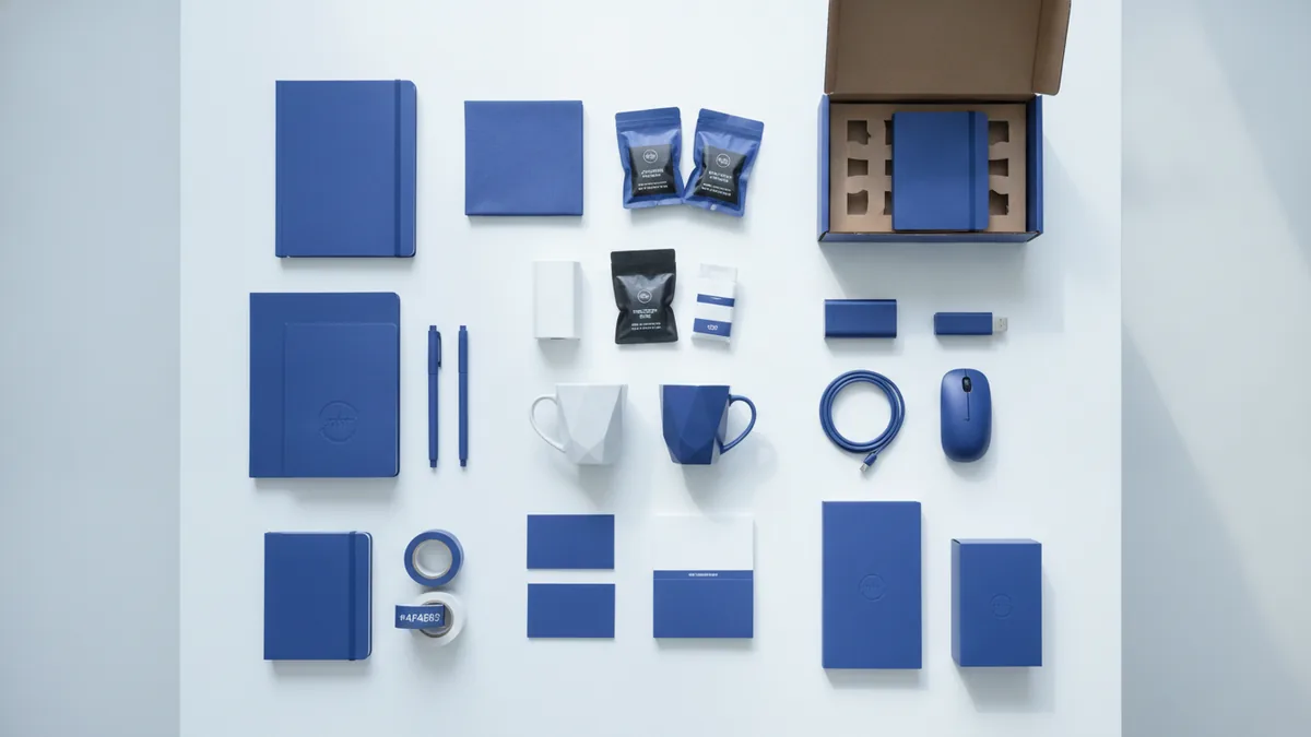Box format and repeat delivery Overhead view of items and packing supplies arranged for a subscription box