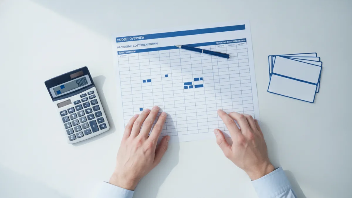 Reviewing subscription box budget and costs with calculator and labels