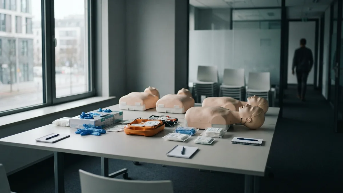 CPR training equipment arranged neatly in a modern classroom with soft daylight